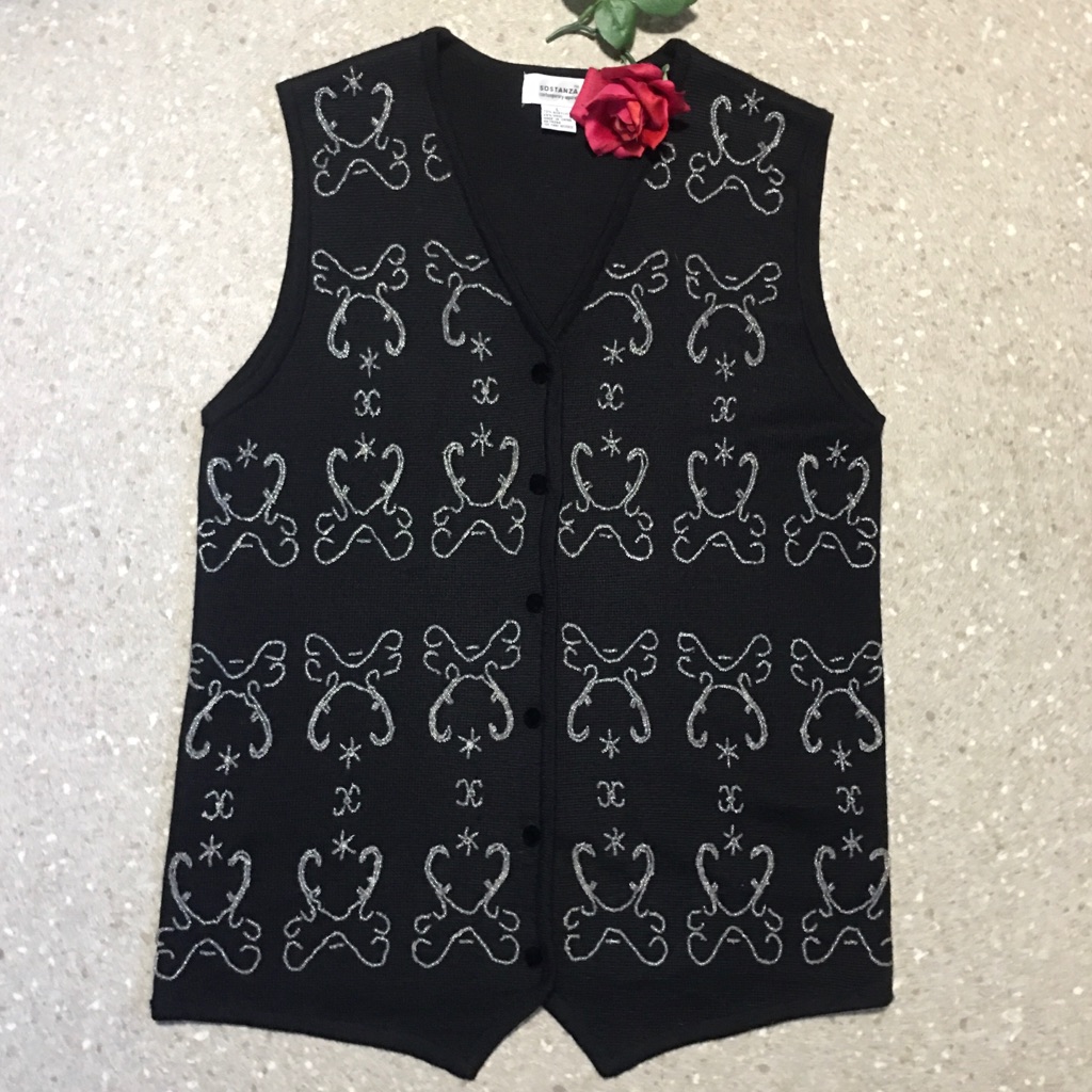 Vtg Button Vest Sostanza Black With Silver Metallic Emb Sz Lg. Wool Blend Nwot